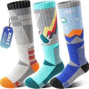 3 Pairs Kids Merino Wool Ski Socks Boys Girls Thermal Thick Warm Winter Cozy Soc